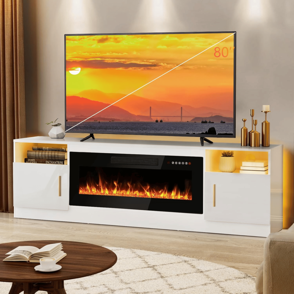 modern tv stand with fireplace