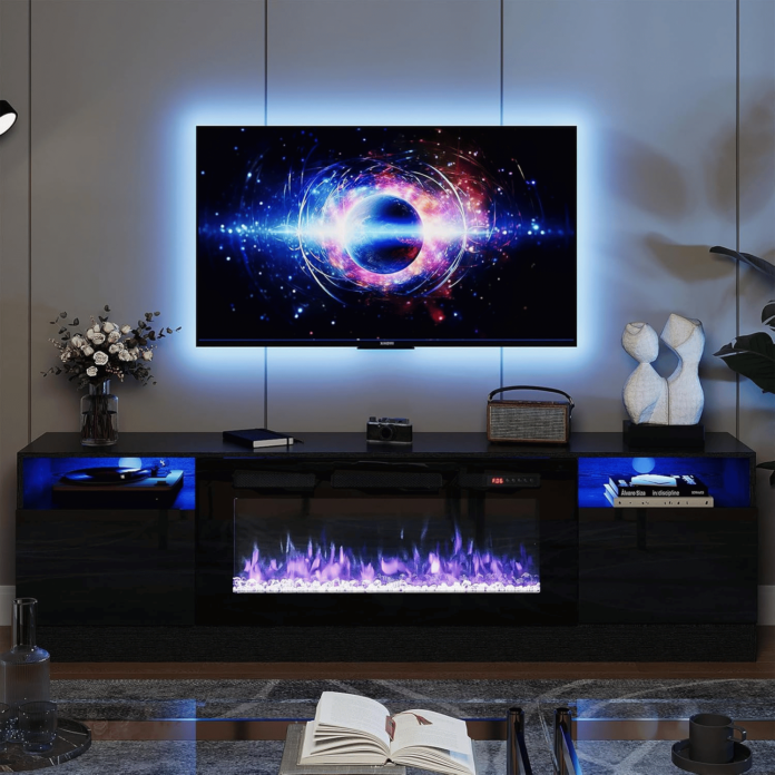 modern tv stand with fireplace