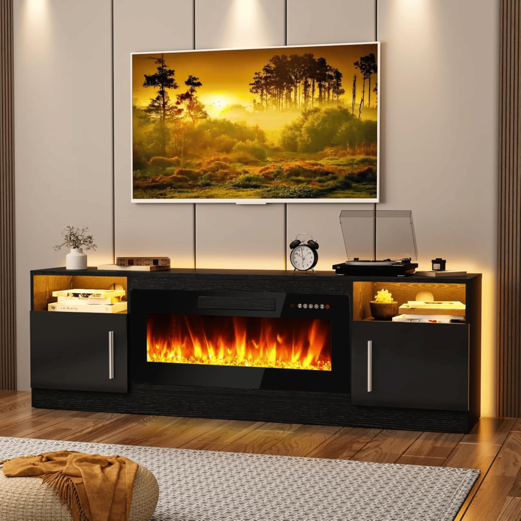 modern tv stand with fireplace