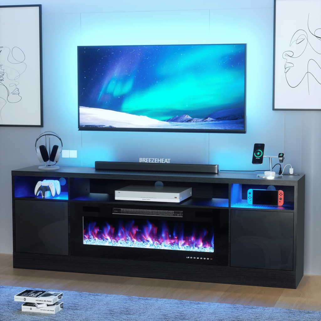 modern tv stand with fireplace