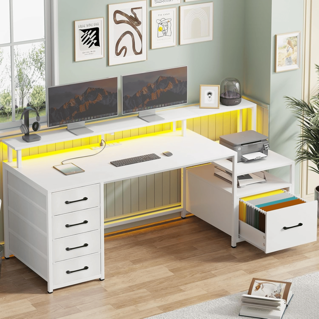 office desk with file cabinet