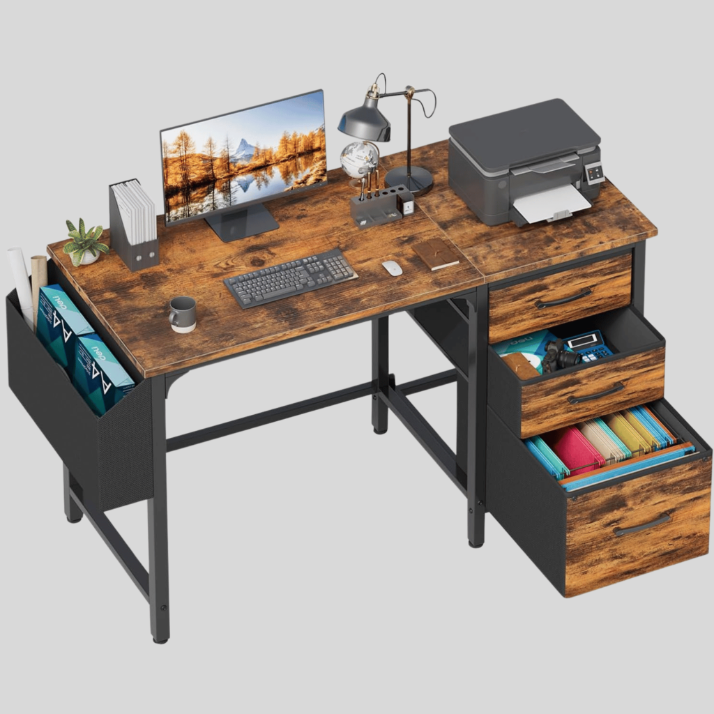 office desk with file cabinet